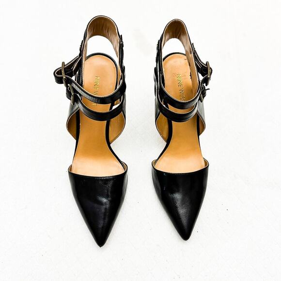 Nine West Black Double Strap Pointy Toe Leather Stiletto Heel Size 9.5 - Picture 1 of 5